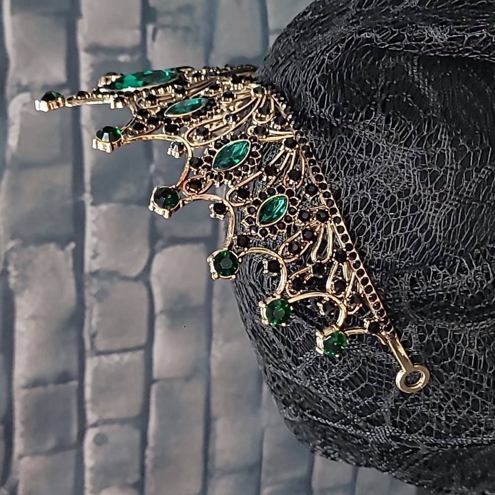 Elegant Metal Gold Tiara with Green & Black Rhinestone Accents - Picture 6 of 12